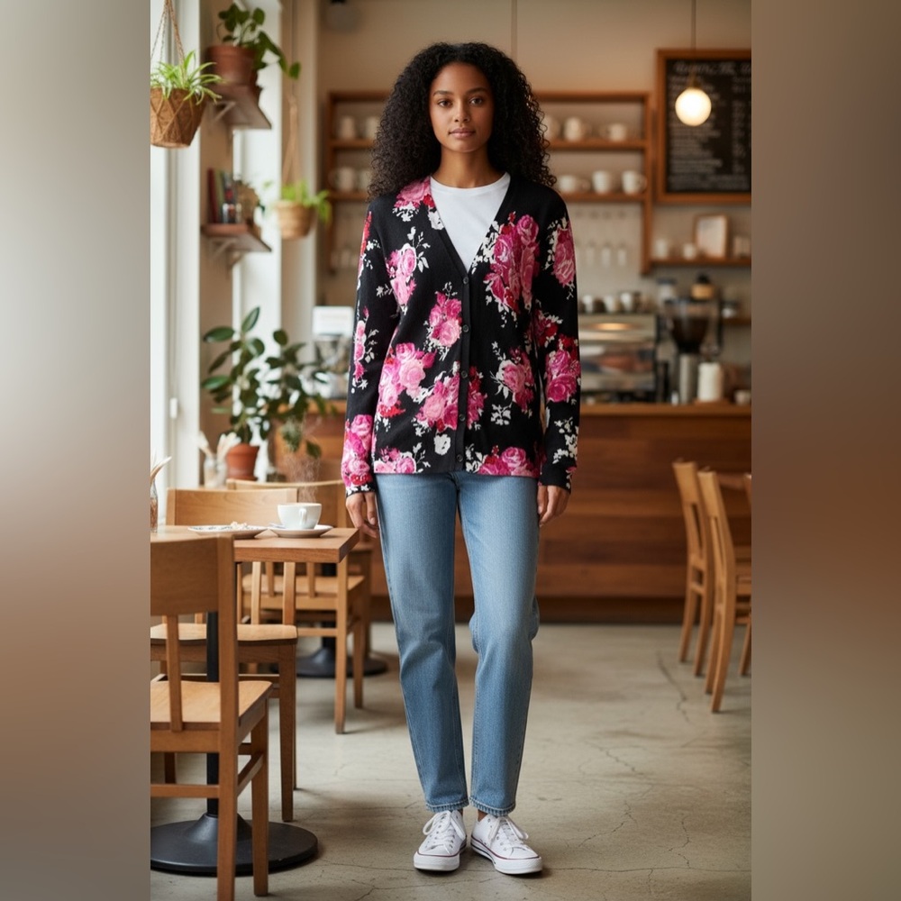 Charter Club Black and Pink Floral Cardigan
